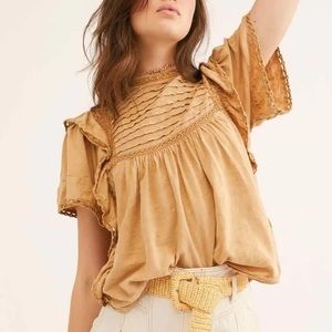 Free People Le Femme Victorian Ruffled Tee Sandstone Golden Tan Size L